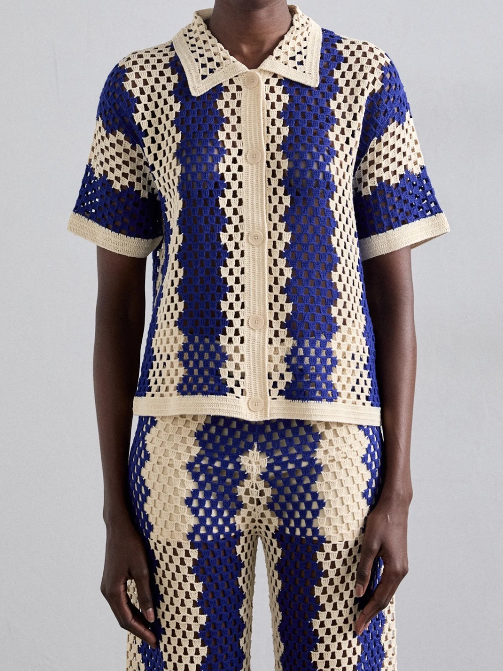 Sandro Crochet Button-Down Top in Tan and Blue sz 10/12